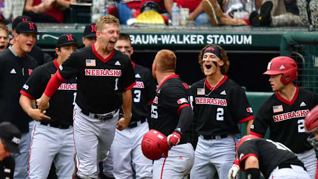 The Huskers celebrate Luke Roskam's solo home run baseball vs Arkansas 2021 G3